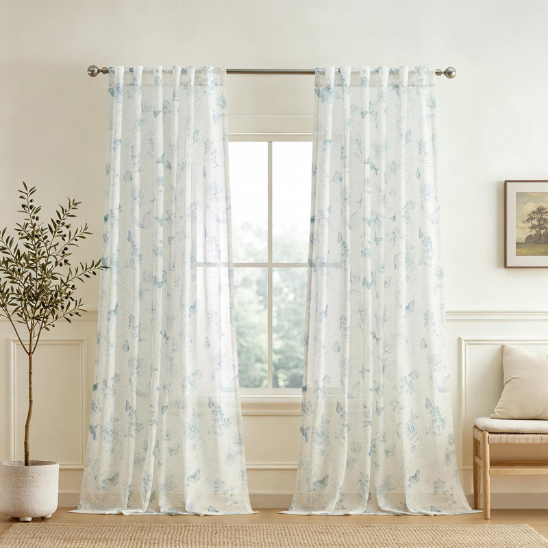 Lenox Butterfly Meadow Toile Printed Window Curtain, Blue - 52"W x 84"L, Blue, 52"W x 95"L