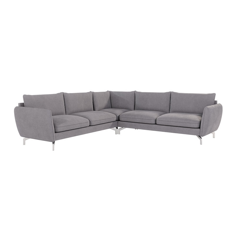 Modern L-shape Corner Sofa  with Silver Metal Legs, Grey