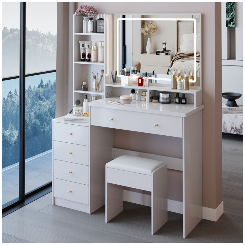 41" Large Size Left Bedside Cabinet Vanity Table+Cushioned Stool, Extra Large Touch Control LED Mirror, 3-colour Switch, Multi Layer High Capacity Storage Fashionable Dresser, Suitable For Large Space