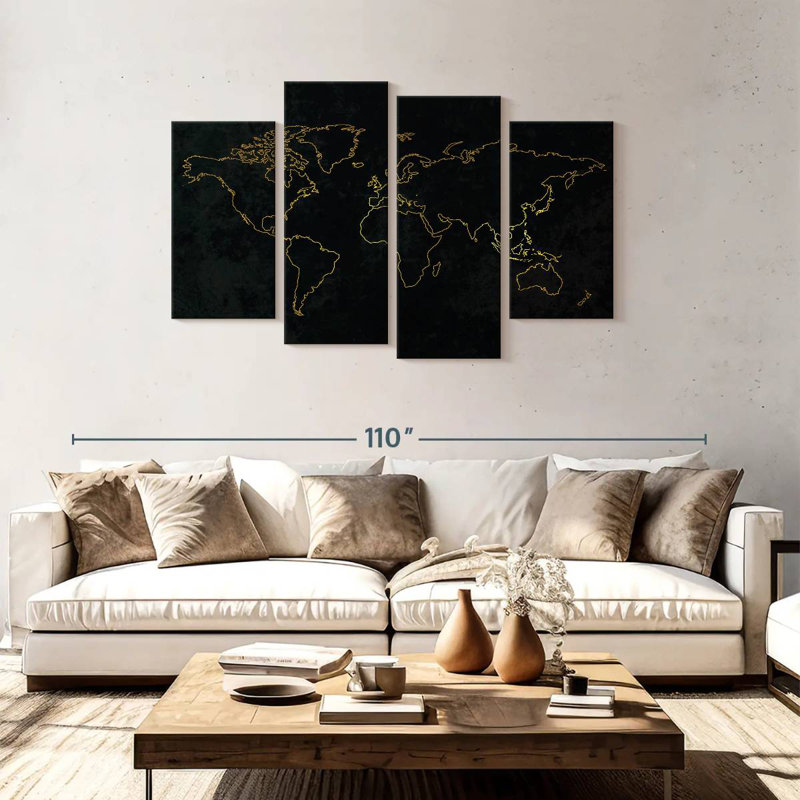 Aliaz Gold Outline World Map, 48" H x 75" W