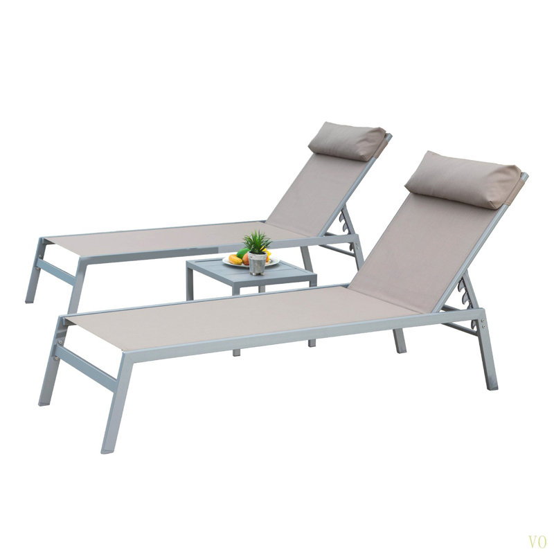 Ensemble de 3 chaises longues de patio, chaises longues en aluminium avec 5 positions réglables, chaise longue d'extérieur pour piscine, terrasse, jardin, cour, bain de soleil (2 chaises longues + 1 table)
