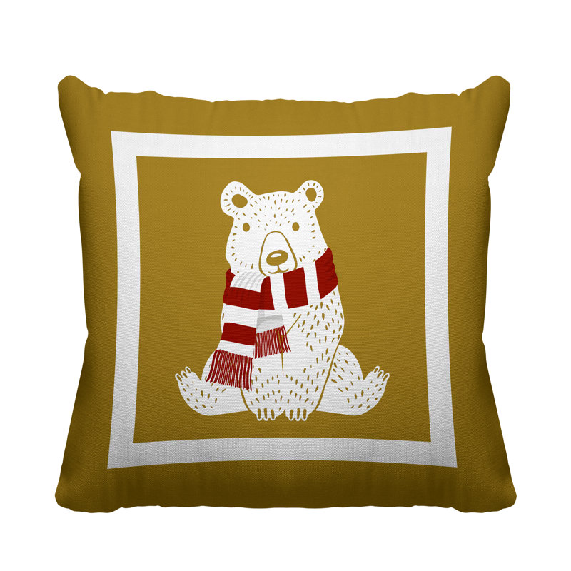 Coussin intérieur / extérieur Folk Christmas Bear, L 15 po x H 15 po, Or