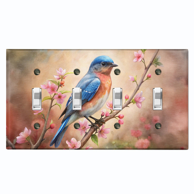 Couvercle de plaque d'interrupteur en métal; Bascule à 4 bandes US standard - oiseau bleu sur une branche, # 4 Quad bascule
