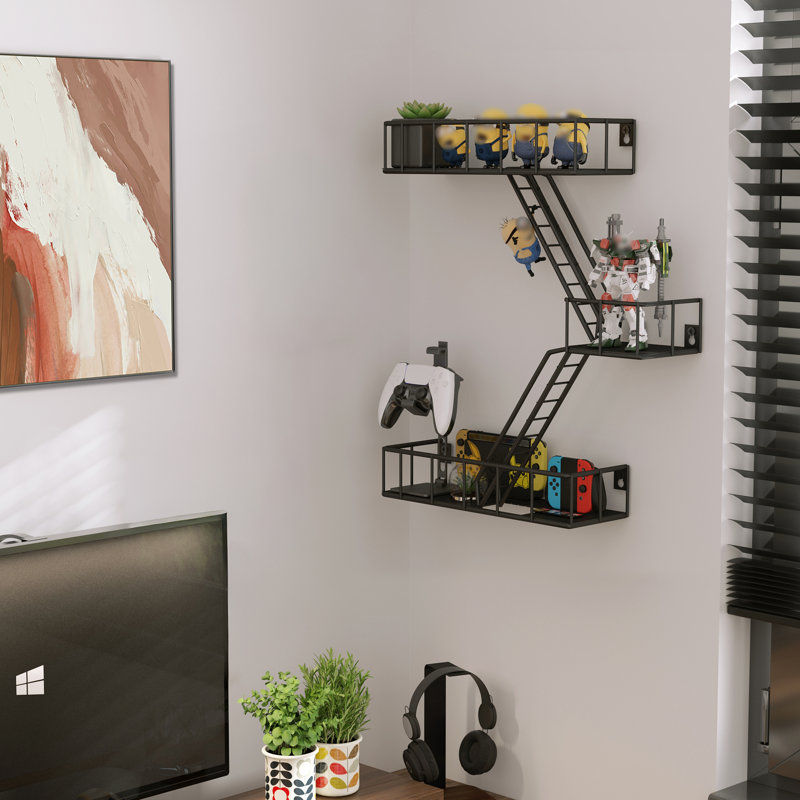 Fire Escape Wall Shelf With Baskets, 3-tier Metal Fire Escape Ladder Shelf Wall Organizer, New York Inspired Decorative Shelf, Floating Action Figurine Display Shelves For Bedroom, Home Décor