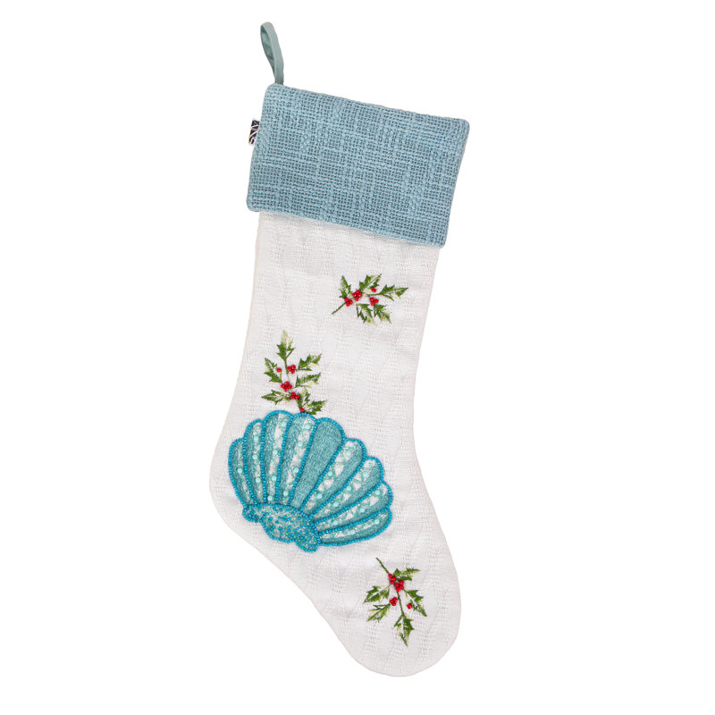 20" White and Blue Coastal Embroidered Shell Stocking
