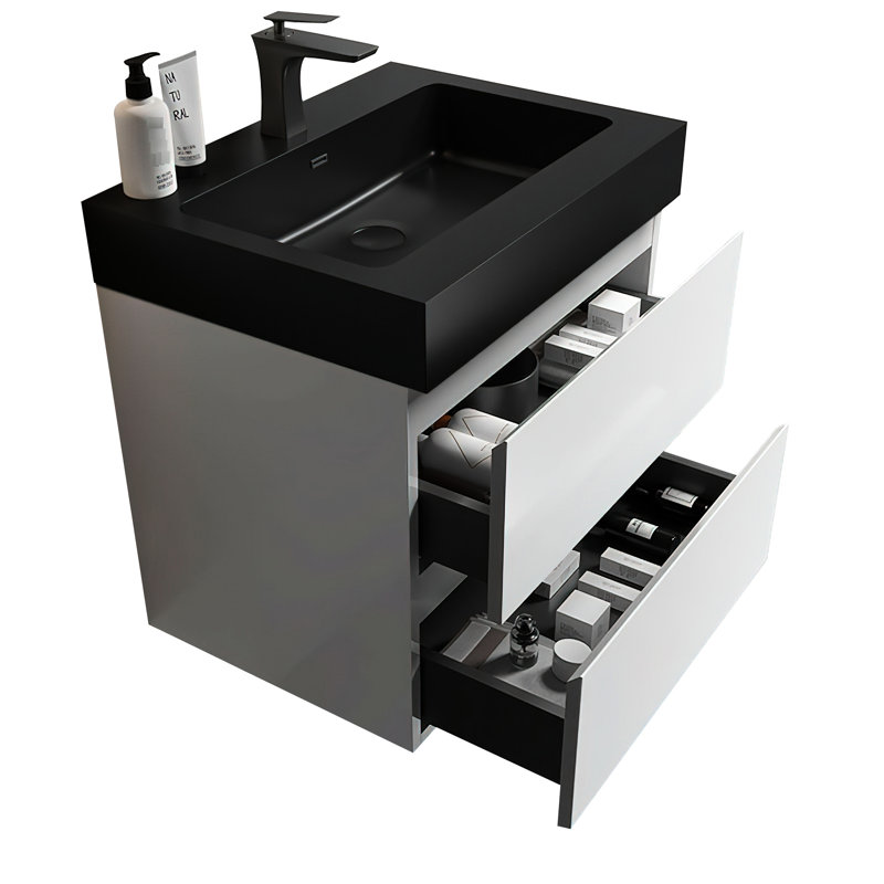 Meuble-lavabo mural de 24 po - blanc et noir élégant, grand espace de rangement, fonctionnement silencieux, salle de bain à design biseauté distinctif de 24 po et lavabo noir mat, Grace, capacité de rangement généreuse, fonctionnement parfait,