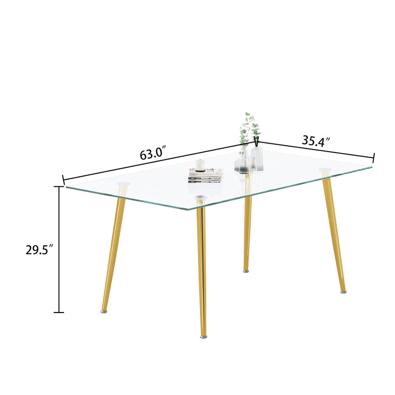 Table de salle à manger en verre trempé de 0,32 po d'épaisseur avec pieds en acier inoxydable doré, profondeur 64,51 po, largeur 35,11 po, hauteur 30,71 po, poids de 87,21 lb, conception fonctionnelle et élégante, surface non absorbante, option stable