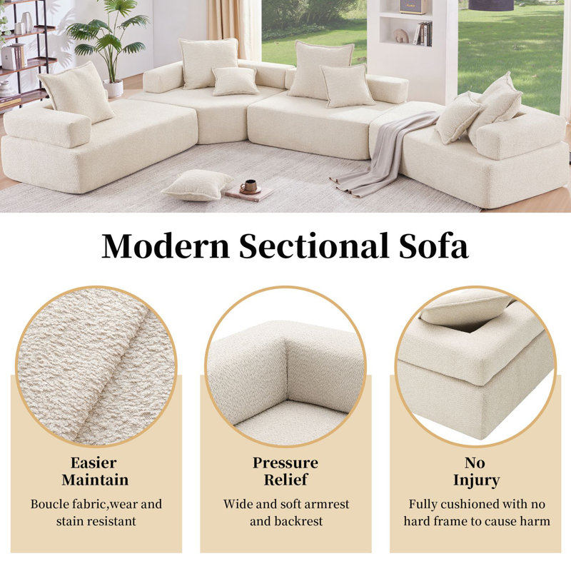 156'' Oversized Modular U Shaped Sectional Sofa, Luxury Boucle Floor Couch Set, Convertible Compressed Foam-Filled Sofa for Living Room, 4 PC Free Combination