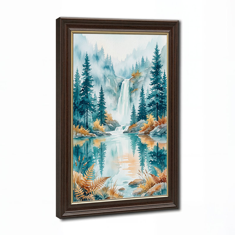 «Misty Waterfall and Pine Trees in Autumn Forest», art mural sur toile, H 18 po x l 12 po