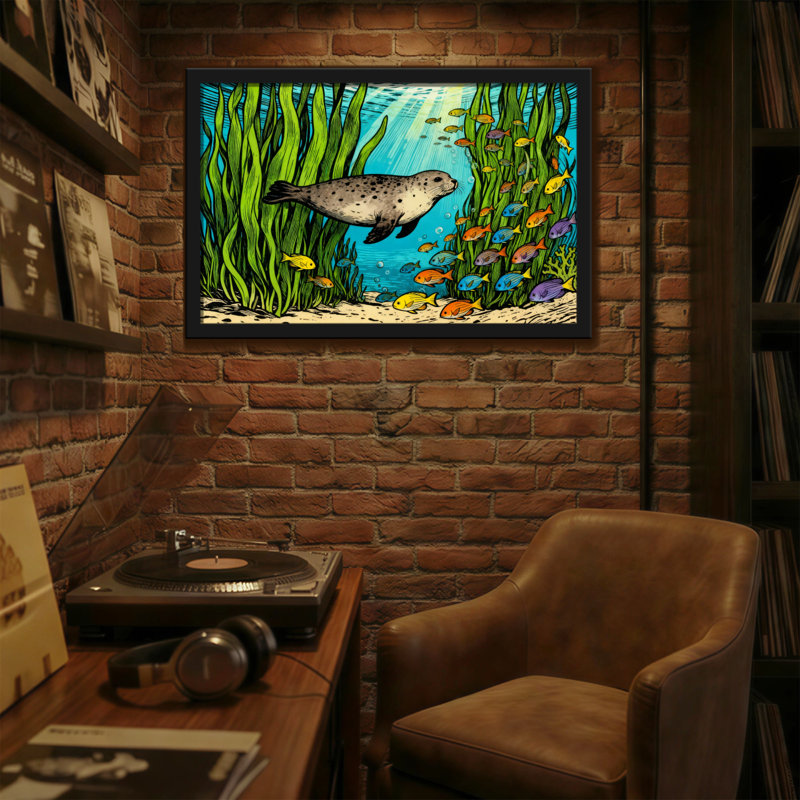 Animals Seal Swimming Among Colorful Fish And Seaweed, 12" H x 18" W
