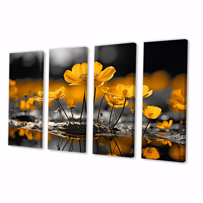 Bouton d'or jaune gris doré, lumière du soleil II - impression murale d'art floral - 4 panneaux