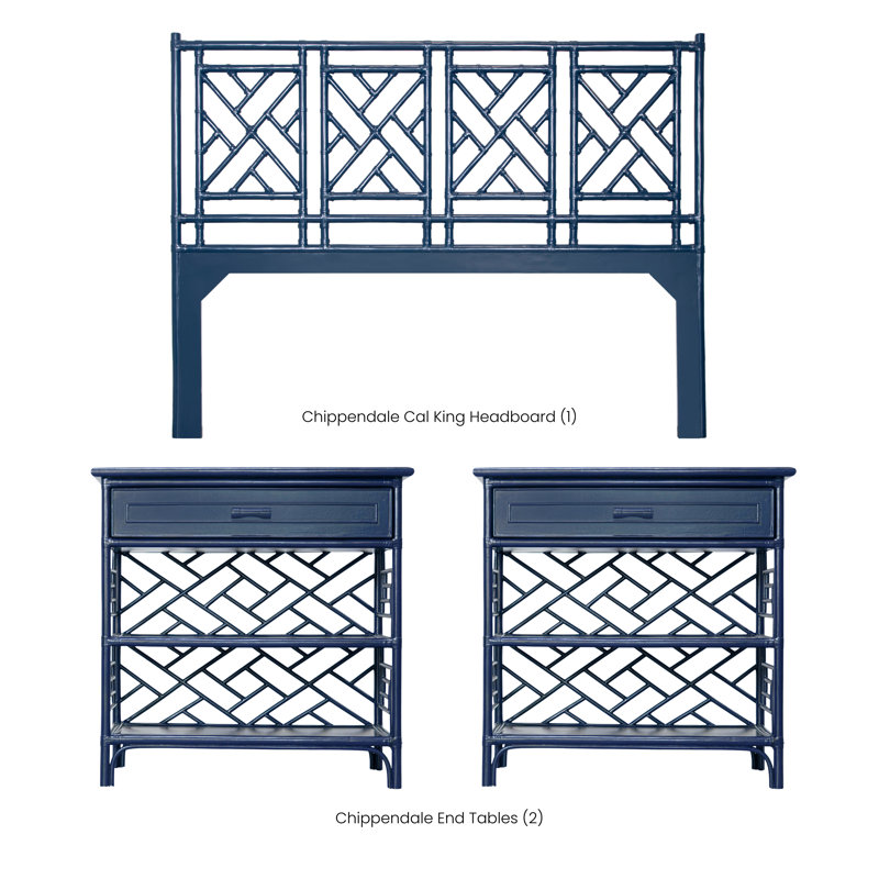 Chippendale Queen Headboard And Nightstand Set - Natural, California King, Navy