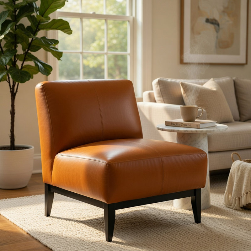 Fauteuil d'appoint Hozy, cuir fleur de buffle, noir et orange