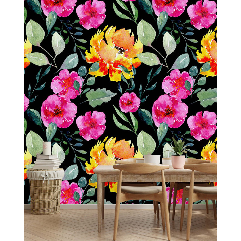 Panneau de papier peint 10,4 pi x l 125 po Brightly Flowers On Dark, L 8,33 pi x l 100 po