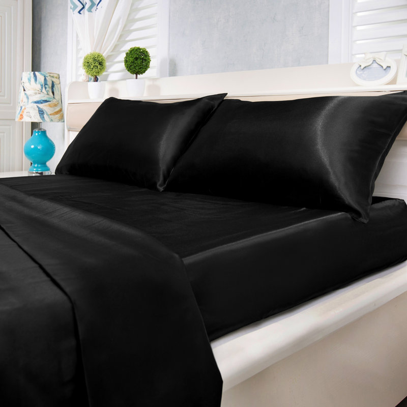 Luxury & Soft 4-Piece Satin Sheet Set - 6 Colors, Black, Queen Sheet Set with 2 Pillowcases