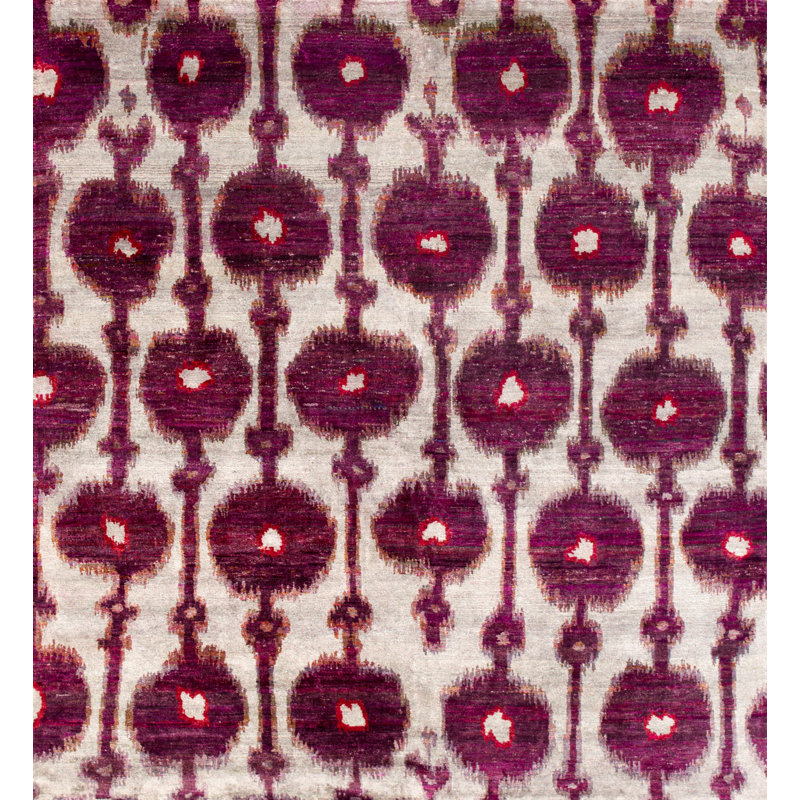 Rumi Ikat Hand-Knotted Silk Red/Beige/Grape Pom Area Rug, Rectangle 5'1" x 7'8"