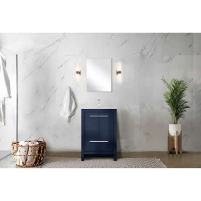 24 po L 20 po D Meuble-lavabo bleu marine avec comptoir en quartz blanc, robinet en nickel brossé et Miroir - digne de confiance 24 po 20 meubles de salle de bain, comptoir et 18 stabilité à long terme