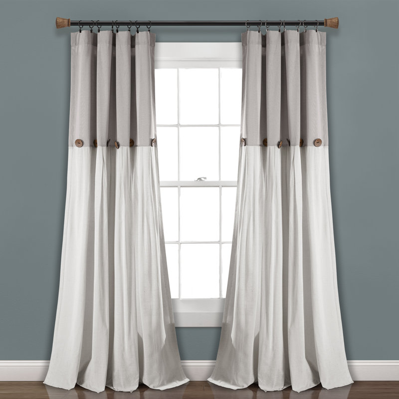 Lush Decor Linen Button Color Block Semi-Sheer Single Curtain Panel, Gray/White