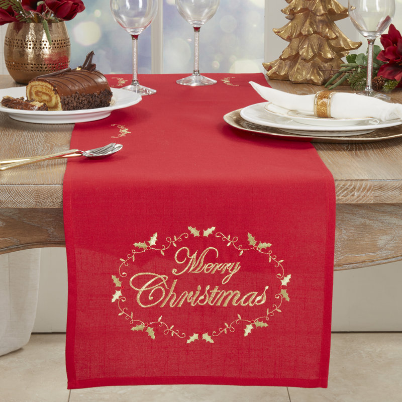 Chemin de table rouge en lin brodé Merry Christmas 14 po x 108 po, Rectangle 108 po