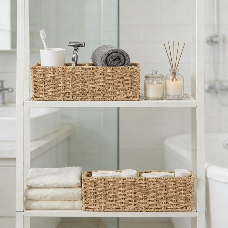 2-Pack Woven Storage Baskets With Two Sections, Handwoven Paper Rope Organizer With Sturdy Frame For Bathroom, Living Room, Kitchen And Office Shelves
