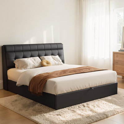 Bakki PU Upholstered Hydraulic Bed With Concealed Headboard Storage, Bed Box Storage