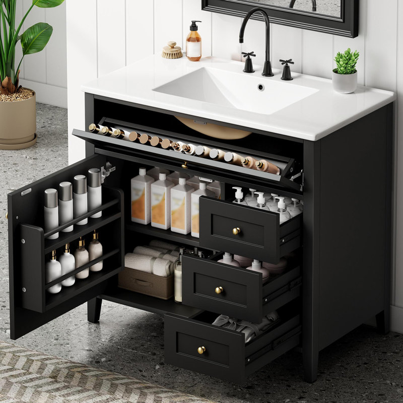 Meuble-lavabo autoportant 36 po avec lavabo 36 po, 4 tiroirs et portes à fermeture en douceur, Noir, 36