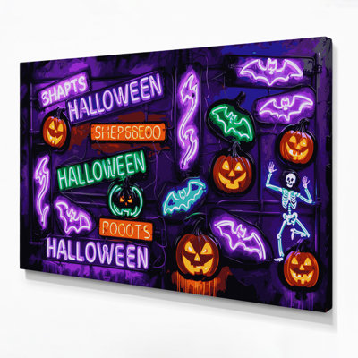Halloween, enseignes d'Halloween néon, art sur toile mauve