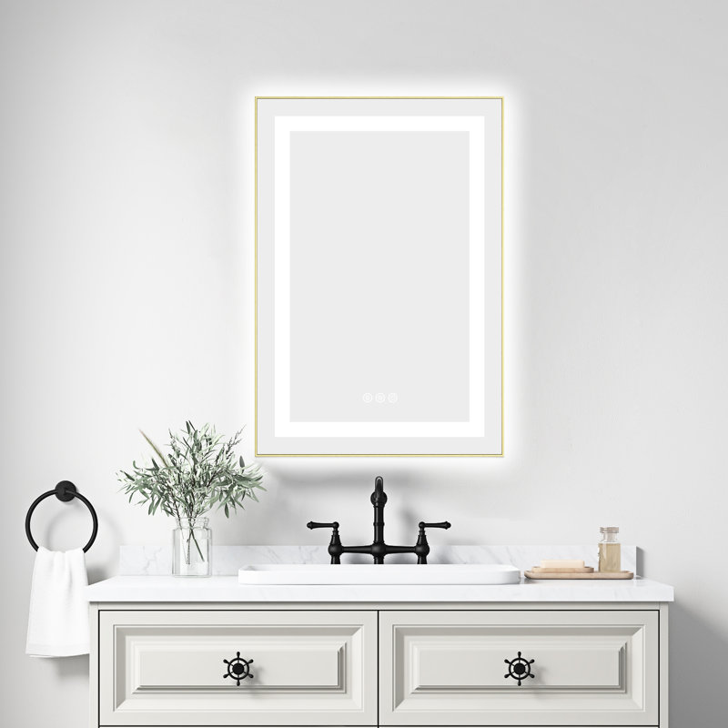 Miroir de salle de bain mural à DEL 20 "x 30" avec façade et rétroéclairage, brouillard, éclairage 3 couleurs, réglage de la luminosité en continu, cadre en aluminium, verre, design de meuble-lavabo en or brossé