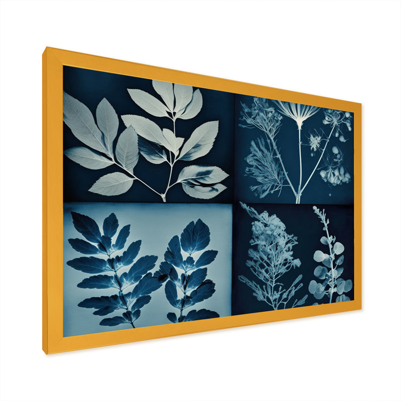 Fleurs sauvages rétro dans les tons de bleu - reproduction sur toile, H 12 po x l 20 po x P 1 po, Encadrement doré