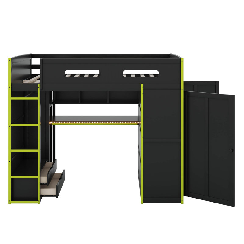 Full Size Wood Loft Bed With Desk,Wardrobe,Ample Storage Space,And RGB LED Light, Green