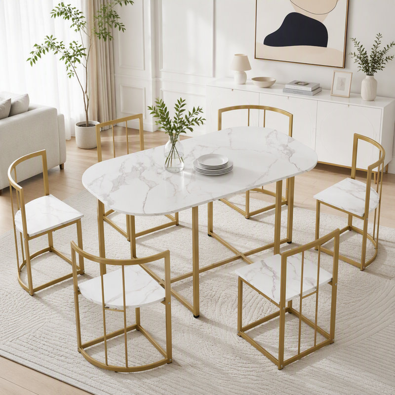Ensemble de salle à manger moderne de 7 pièces avec table en faux marbre, Golden/White(Old Sku)