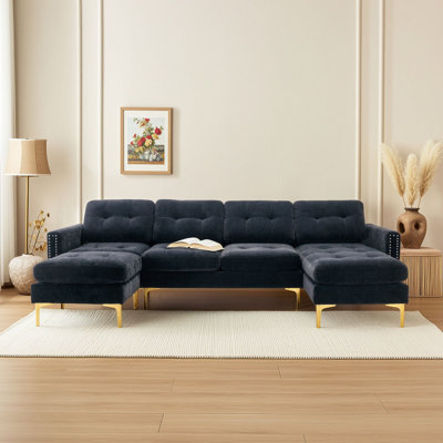 Canapé modulaire convertible 5 places en velours avec repose-pieds et accoudoirs amovibles