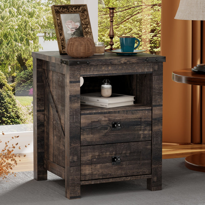 Farmhouse End Table With 2 USB Ports, 2 Power Outlets, Dark Gray
