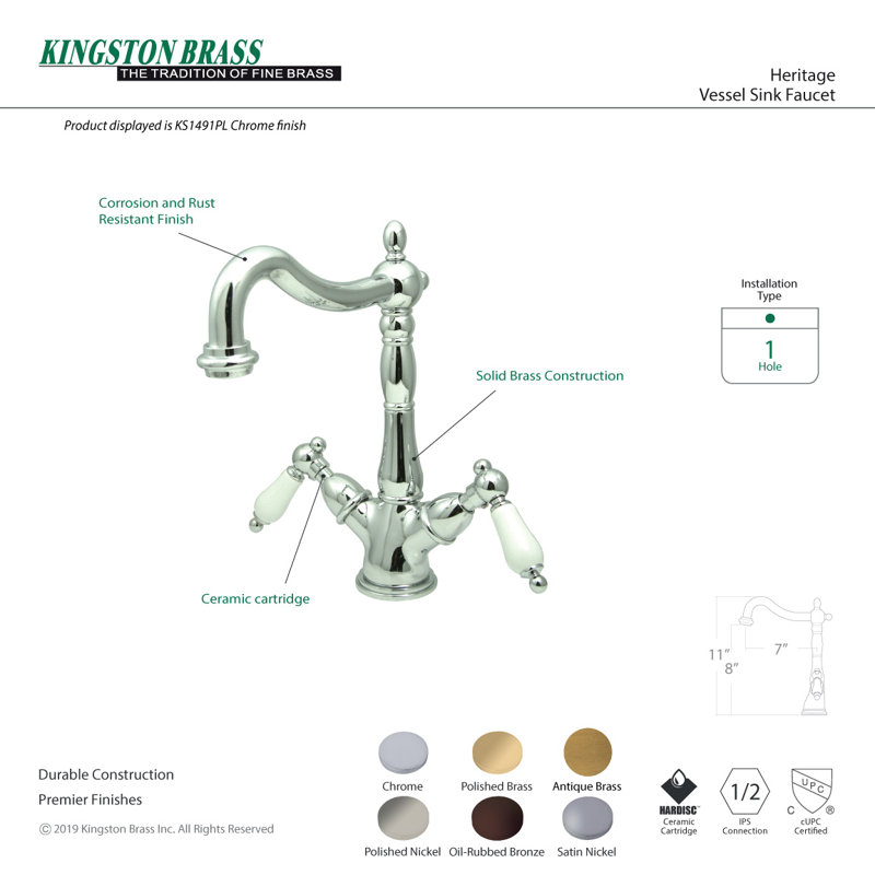 Kingston Brass Heritage Two-Handle 1-or-3 Hole Deck Mount Vessel Faucet, Brushed Nickel