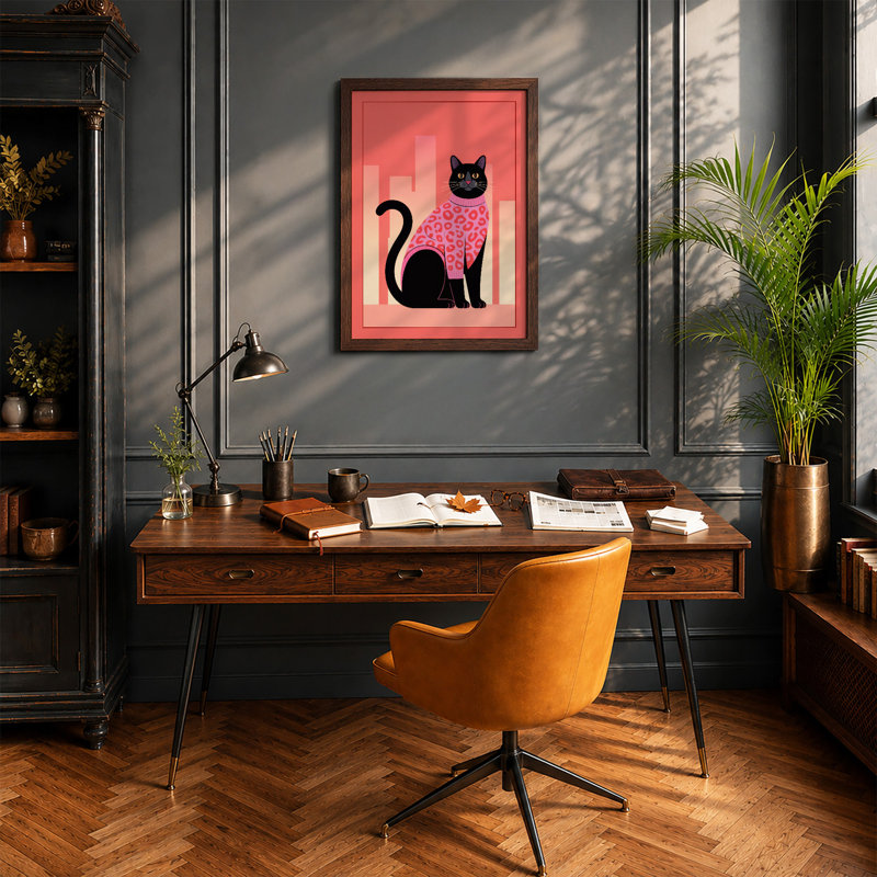 Cat in Geometric Bloom Modern - Framed Print, A3 - 42.0 x 29.7 cm, Walnut