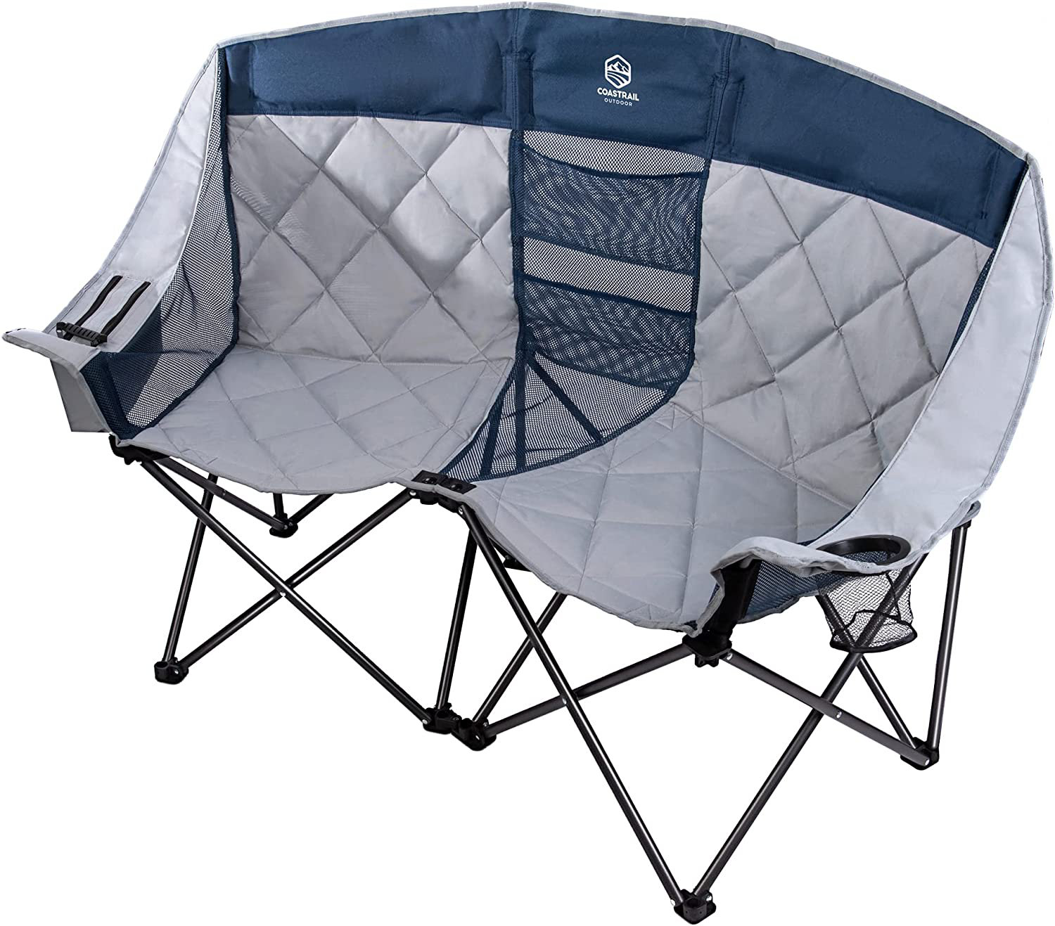 Folding camp chair with a mesh cup holder and armrest