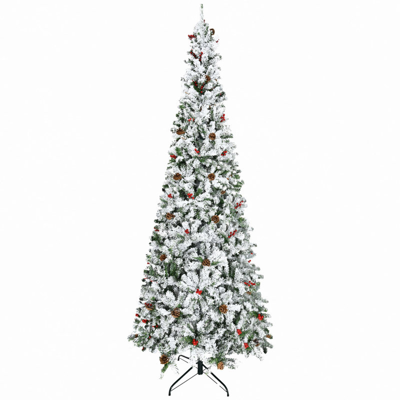 Crayon arbre de Noël artificiel enneigé avec branches de pin réalistes, pommes de pin, baies rouges, ouverture automatique