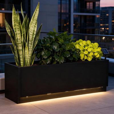 Boîte à fleurs 47 x 16 à DEL en métal avec bandes lumineuses à distance, jardin surélevé avec drainage pour patio