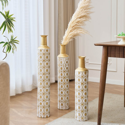 3-Piece Metal Floor Vase Set, Sunburst Relief Pattern, Gold & White Home Decor, Large Tall Decorative Vases