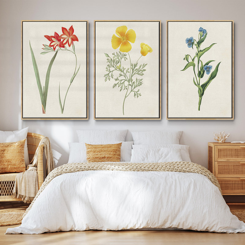 Fleurs des saisons IV, ensemble de 3 toiles encadrées, H 40 po x l 78 po, Cadre en bois naturel