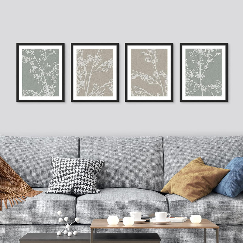 «Grunge Forest Flower Silhouettes», reproduction encadrée de 4 pièces, H 10 po x l 8 po x P 1 po, Cadre blanc
