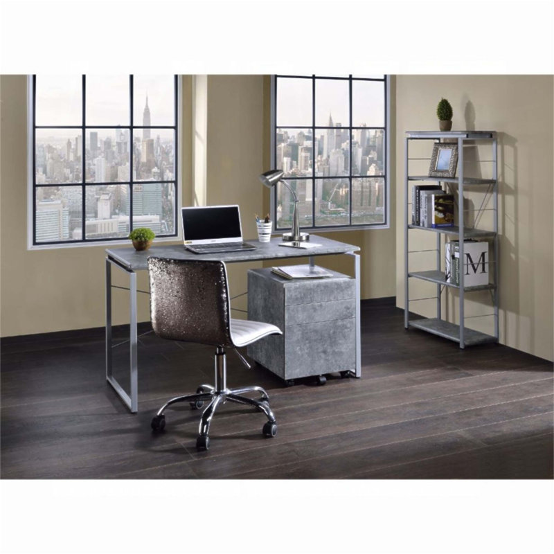 Élégant bureau d'écriture en métal avec plateau en faux béton, parfait pour le bureau à domicile et les espaces de travail modernes