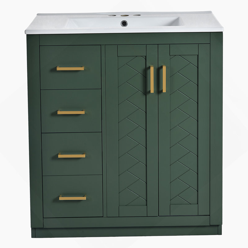 Ensemble de meuble-lavabo 30 po avec lavabo en céramique, armoire de rangement en bois massif, ensemble de meuble-lavabo autoportant avec 3 tiroirs et portes à fermeture douce