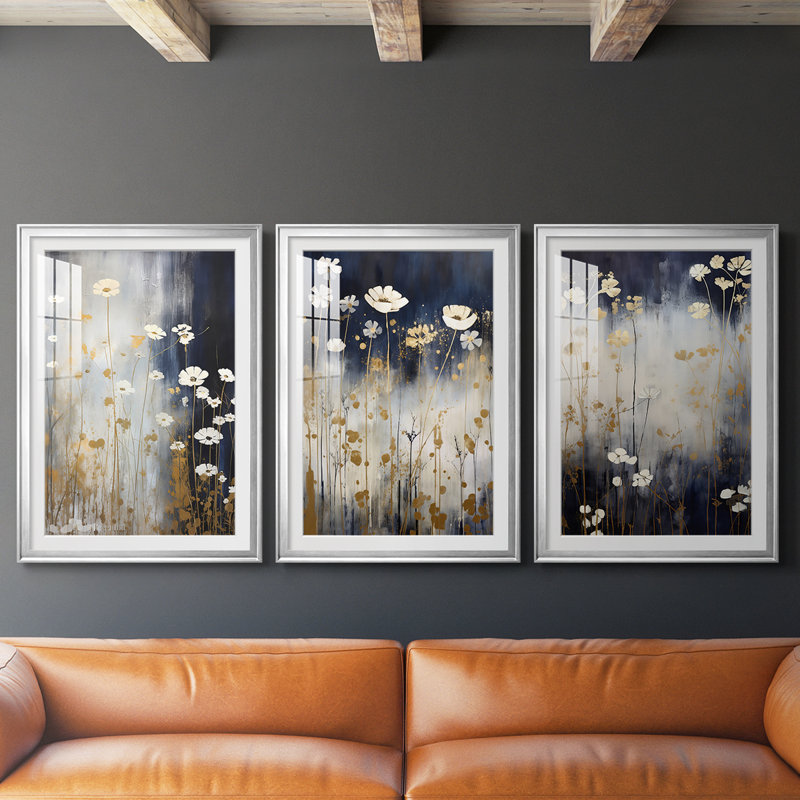 FLORAL Series CECXCI - Impression sur mesure encadrée de qualité supérieure - 3 pièces, H 15 po x l 19 po, Noir