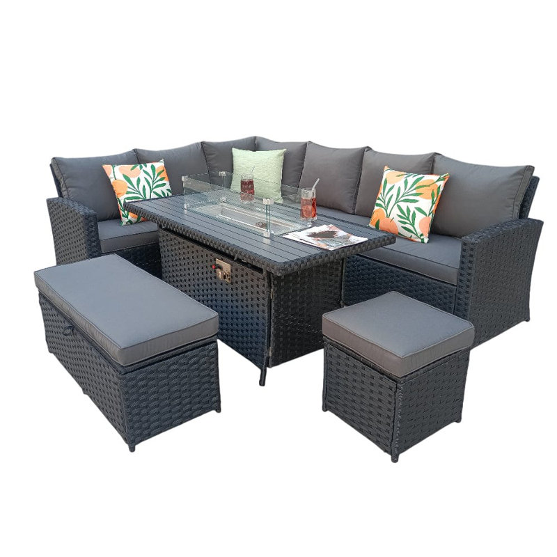 Werchter 9 Seater Corner Sofa Set with Fire-Pit Dining Table with Storage Box, Black