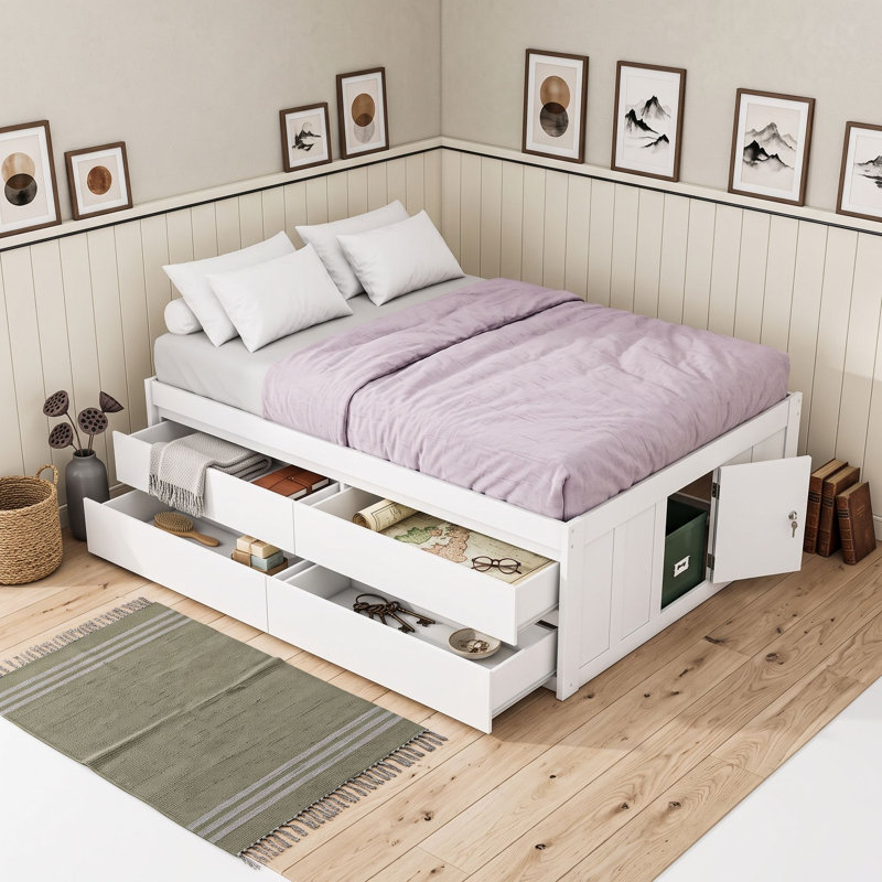 Lit plateforme en bois avec sommier à lattes, tiroirs et porte de rangement latérale, Lit double, Blanc