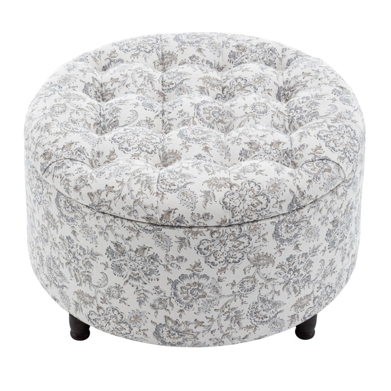 Classic 28-Inch Wide Button Tufted Round Storage Ottoman With Lift-Off Lid, Pebble