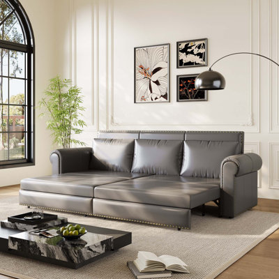 93.7" King Size Faux Leather Chesterfield 3-In-1 Sofa Bed With Nailhead Trim For Living Room, Bedroom