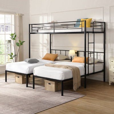 Twin Over Twin Over Twin Bunk Bed ,Triple Bunk Bed With A Vertical Ladder, Metal Frame Bunk Bed With Safety Rail, Twin Over Twin Over Twin Triple Bunk