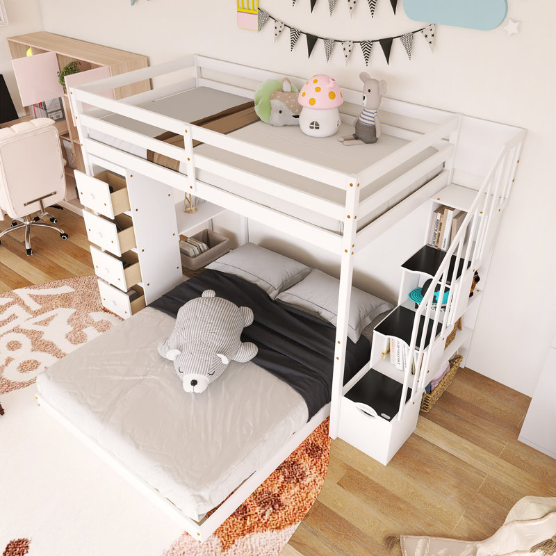 Lit superposé simple au-dessus de double avec cadre en bois avec tablettes à 3 niveaux, tiroirs et escalier de rangement